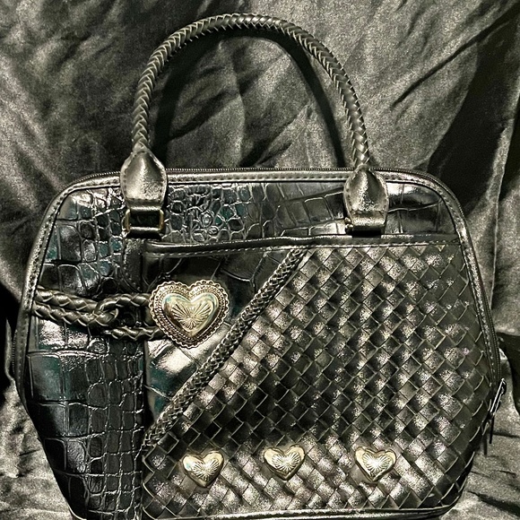 Brighton Black Leather Handbag Silver Hearts - Picture 1 of 4